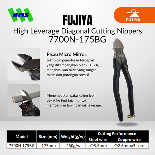 [EZM.1041528] FUJIYA 7700N-175BG High Leverage Diagonal Cutting Nippers Kurokin Jpn