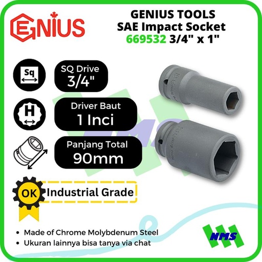 [EZM.1041546] Kunci Shock GENIUS 669532 SAE Deep Impact Socket 3/4 inci 1 inci 90mm