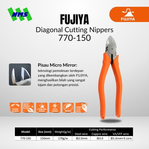 [EZM.1041548] Tang Potong FUJIYA 770-150 Diagonal Cutting Nippers Japan