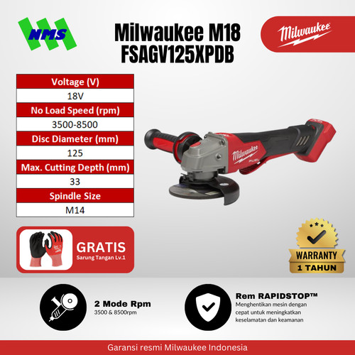 [EZM.1041579] Milwaukee M18 FSAGV125XPDB FUEL 125mm Braking Grinder Paddle Switch