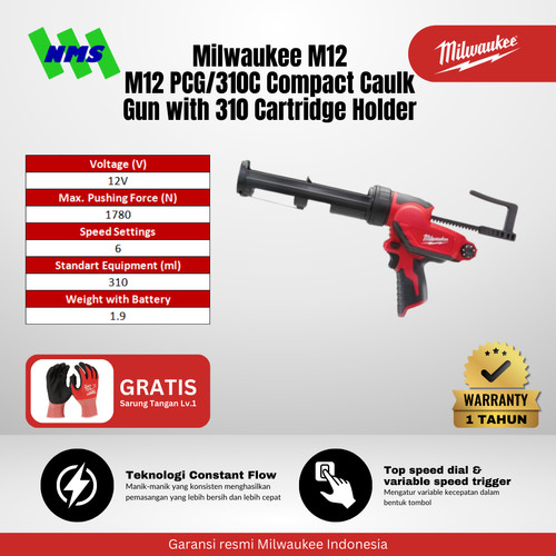 [EZM.1041599] Tembakan Sealant Milwaukee M12 PCG/310C Compact Caulk Gun with 310 Cartridge Holder Alat Pasang Lem Kaca