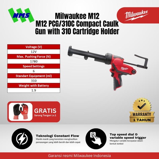 [EZM.1041599] Tembakan Sealant Milwaukee M12 PCG/310C Compact Caulk Gun with 310 Cartridge Holder Alat Pasang Lem Kaca