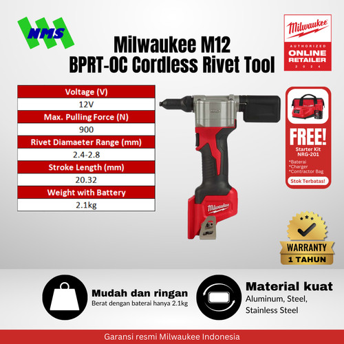 [EZM.1041603] Alat Rivet Milwaukee M12 BPRT-0C Cordless Rivet Tool Baterai Portable