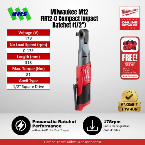 [EZM.1041607] Milwaukee M12 FIR12-0 FUEL 1/2" Cordless Impact Ratchet 12V Mesin Pengencangan Baut