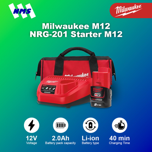 [EZM.1041609] Milwaukee M12 NRG-201 Starter Kit Charger C12C & Baterai M12B2 for M12