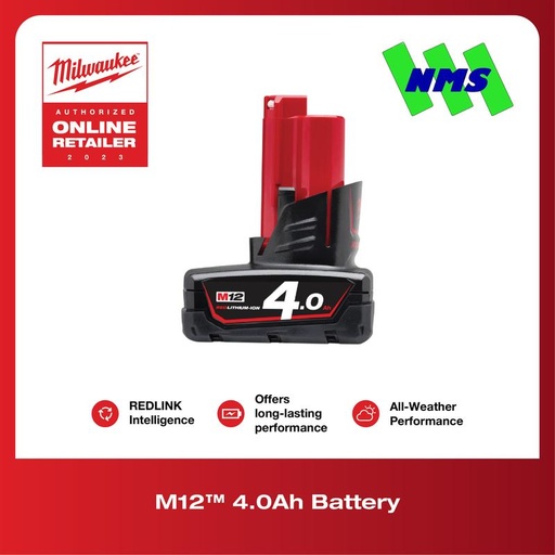 [EZM.1041613] Baterai Milwaukee M12 B4 4.0Ah REDLITHIUM Battery 12V Untuk Semua M12