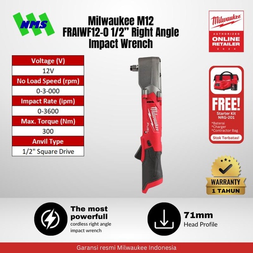 [EZM.1041614] Milwaukee M12 FRAIWF12-0 FUEL 1/2" Cordless Right Angle Impact Wrench