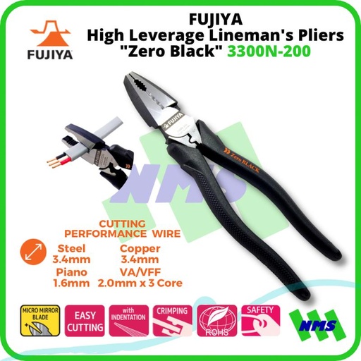 [EZM.1041621] Tang Potong FUJIYA 3300N-200 High Leverage Lineman's Pliers Zero Black