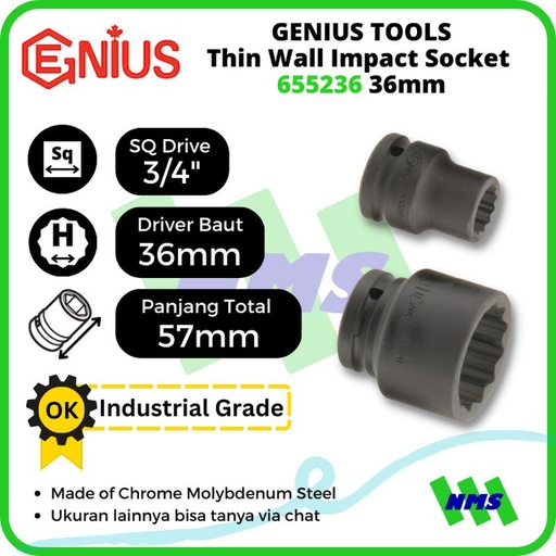 [EZM.1041774] Mata Sok Metric Thin Wall Impact Sockets 3/4" 12pt. 36mm 655236 GENIUS