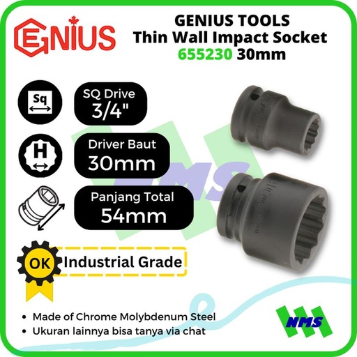 [EZM.1041778] Mata Sok Metric Thin Wall Impact Sockets 3/4" 12pt. 30mm 655230 GENIUS