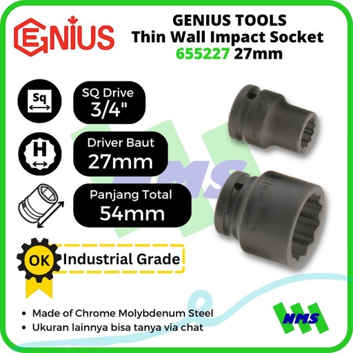 [EZM.1041781] Mata Sok Metric Thin Wall Impact Sockets 3/4" 12pt. 27mm 655227 GENIUS