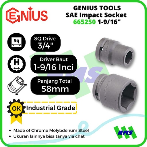 [EZM.1041808] Mata Sok SAE Impact Sockets 3/4" 6pt. 1-9/16" inci 665250 GENIUS