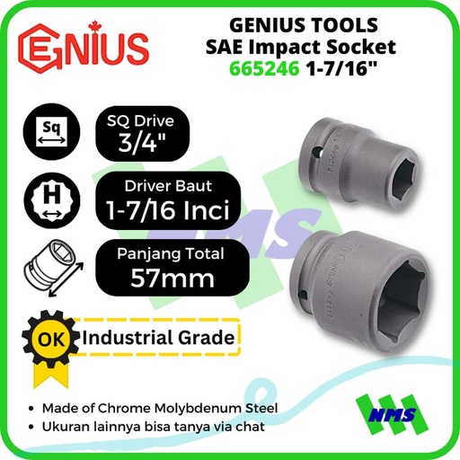 [EZM.1041813] Mata Sok SAE Impact Sockets 3/4" 6pt. 1-7/16" inci 665246 GENIUS