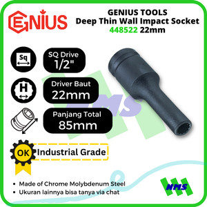[EZM.1041900] Mata Sok Deep Thin Wall Impact Socket 1/2 Inch 12pt 22mm 448522 GENIUS