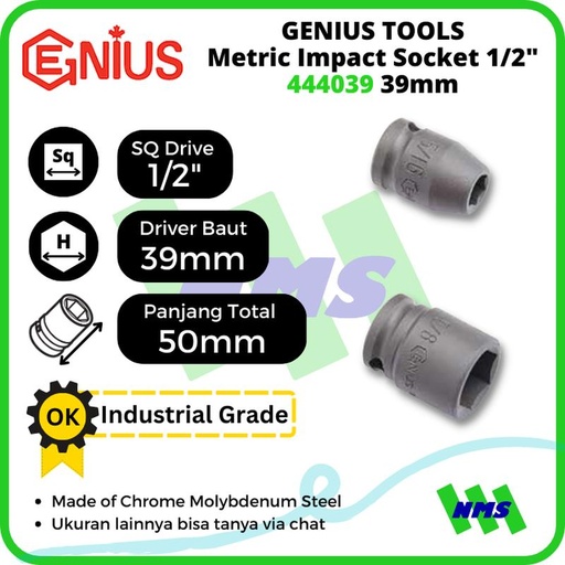 [EZM.1041908] Mata Sok Metric Impact Sockets 1/2 Inch 6pt 39mm 444039 GENIUS