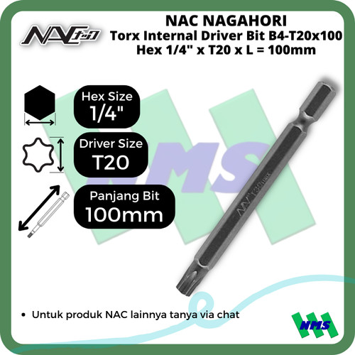 [EZM.1042017] Torx Internal Driver Bit SQ1/4 x T20 x L 100mm Nagahori NAC B4-T20x100