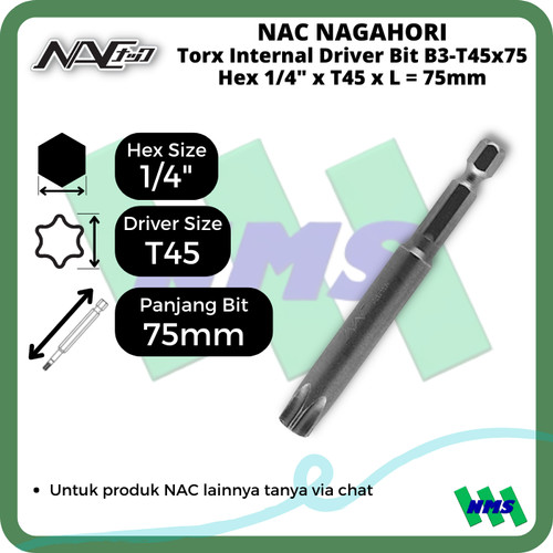 [EZM.1042020] Torx Internal Driver Bit SQ1/4 x T45 x L 75mm Nagahori NAC B3-T45x75