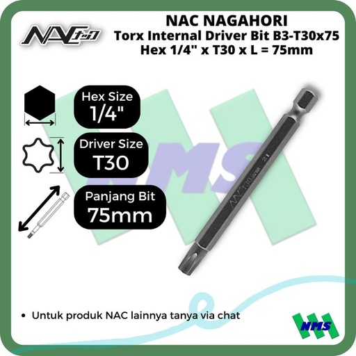 [EZM.1042024] Torx Internal Driver Bit SQ1/4 x T30 x L 75mm Nagahori NAC B3-T30x75