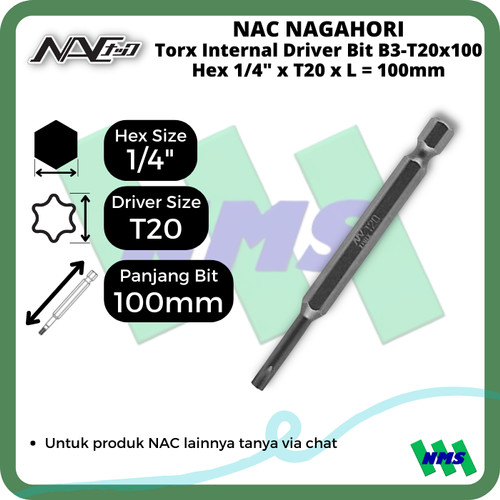 [EZM.1042030] Torx Internal Driver Bit SQ1/4 x T20 x L 100mm Nagahori NAC B3-T20x100