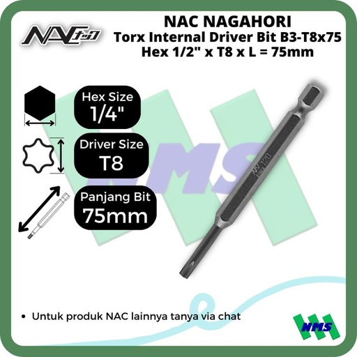 [EZM.1042034] Torx Internal Driver Bit SQ1/4 x T8 x L 75mm Nagahori NAC B3-T8x75