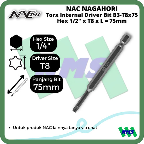 [EZM.1042034] Torx Internal Driver Bit SQ1/4 x T8 x L 75mm Nagahori NAC B3-T8x75