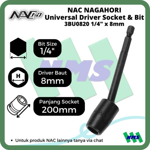 [EZM.1042138] Driver Socket Universal 8mm x L200mm Nagahori NAC 3BU0820
