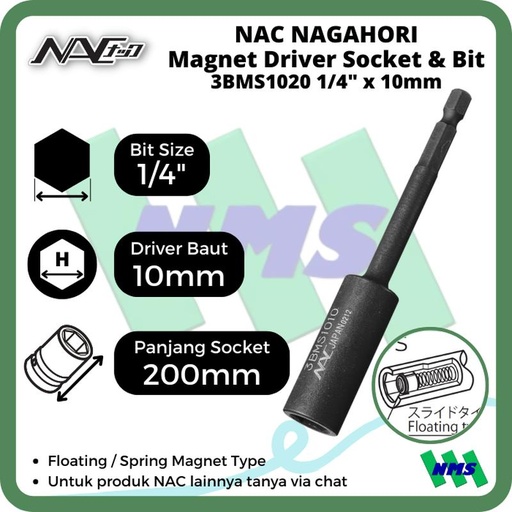 [EZM.1042147] Driver Socket Magnet 10mm x L200mm Nagahori NAC 3BMS1020