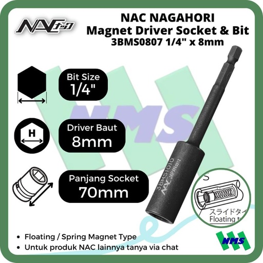 [EZM.1042150] Driver Socket Magnet 8mm x L70mm Nagahori NAC 3BMS0807