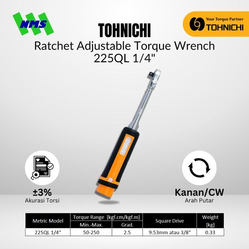 [EZM.1042740] Kunci Torsi TOHNICHI 225QL 1/4" 50-250 kgf.cm Adjustable Torque Wrench