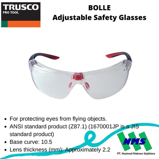 [EZM.1042806] Kaca Mata Safety Glasses Adjustable TRUSCO 772-5035 BOLLE 1670001JP