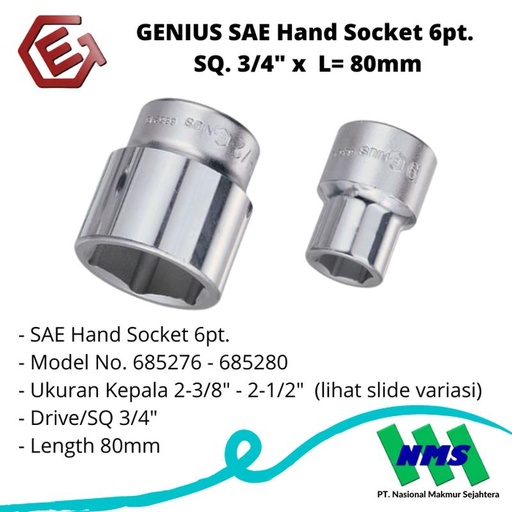 [EZM.1043301] GENIUS SAE Hand Socket 6pt. SQ. 3/4" x L= 80mm