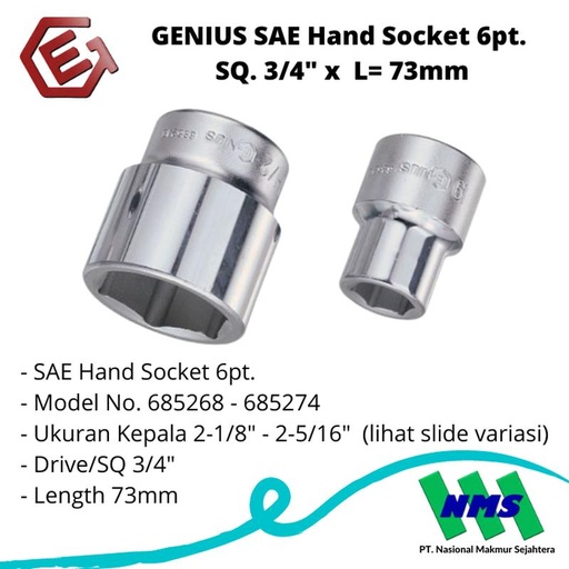[EZM.1043302] GENIUS SAE Hand Socket 6pt. SQ. 3/4" x L= 73mm
