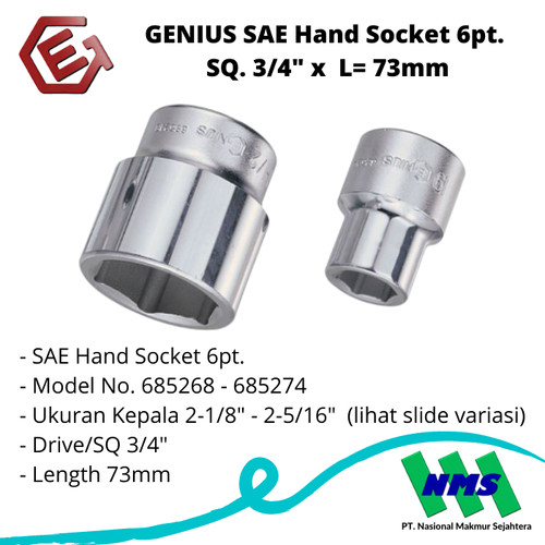 [EZM.1043302] GENIUS SAE Hand Socket 6pt. SQ. 3/4" x L= 73mm