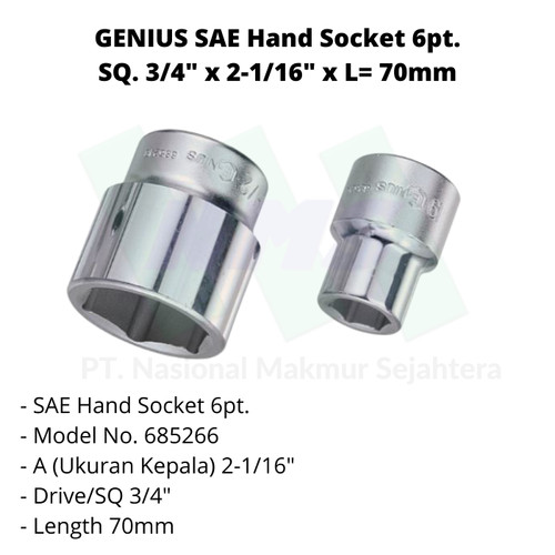[EZM.1043303] GENIUS SAE Hand Socket 6pt. SQ. 3/4" x 2-1/16" x L= 70mm