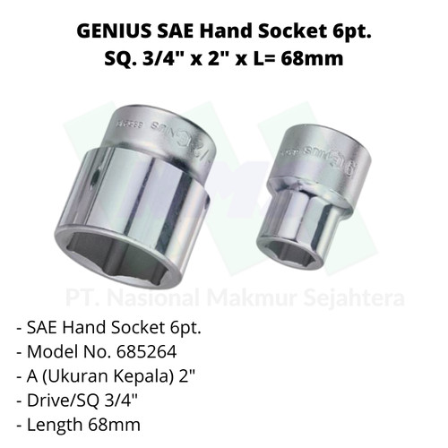 [EZM.1043304] GENIUS SAE Hand Socket 6pt. SQ. 3/4" x 2" x L= 68mm