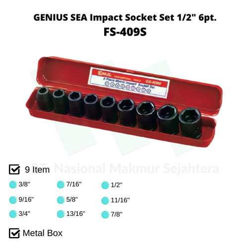 [EZM.1043352] GENIUS SEA Impact Socket Set 1/2" 6pt. FS-409S
