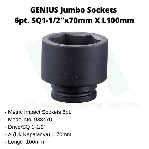 [EZM.1043567] Jumbo Sockets 6pt. SQ1-1/2"x70mm x L100mm Genius Tools