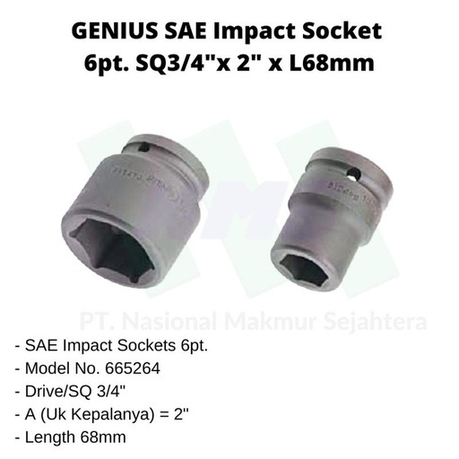 [EZM.1043605] SAE Sockets 6pt. SQ3/4"x 2"x L68mm Genius Tools ( Impact Socket )