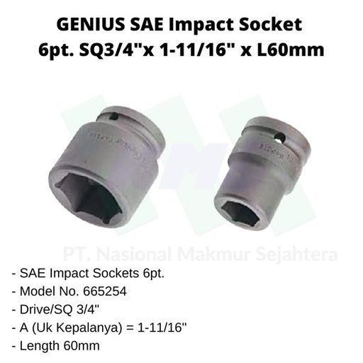 [EZM.1043606] SAE Socket 6pt. SQ3/4" x 1-11/16"x L60mm Genius Tools (Impact Socket)