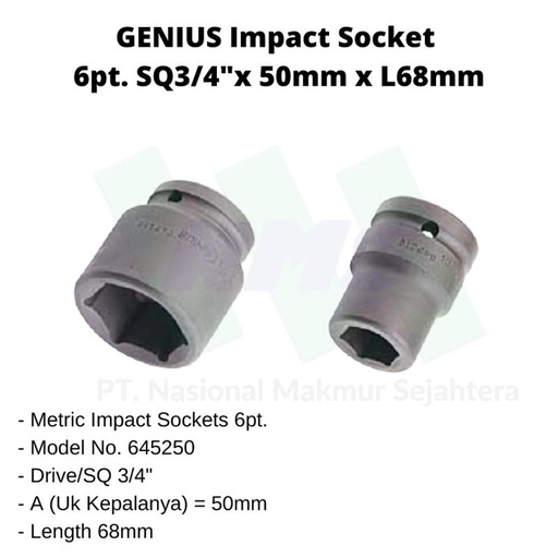 [EZM.1043609] Sockets 6pt. SQ3/4"x 50mm x L68mm Genius Tools ( Impact Socket )