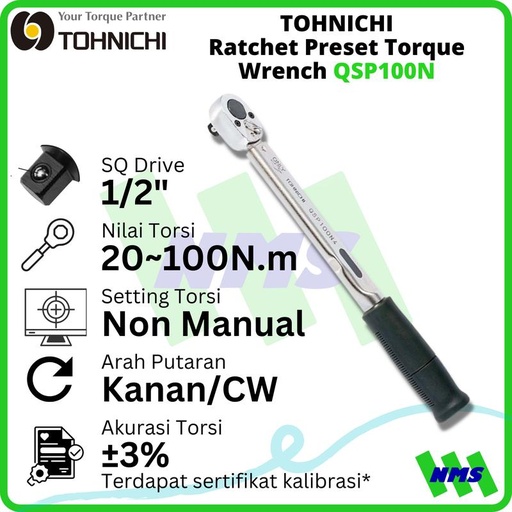 [EZM.1043762] Kunci Torsi QSP100N 1/2" 20 - 100 Nm TOHNICHI Preset Torque Wrench