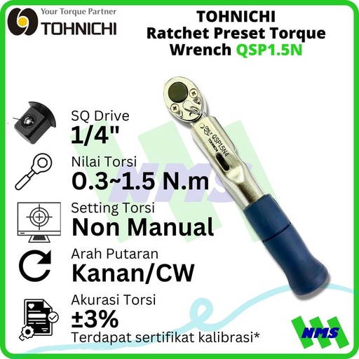 [EZM.1043768] Kunci Torsi TOHNICHI QSP1.5N 1/4" 0.3-1.5Nm Preset Torque Wrench