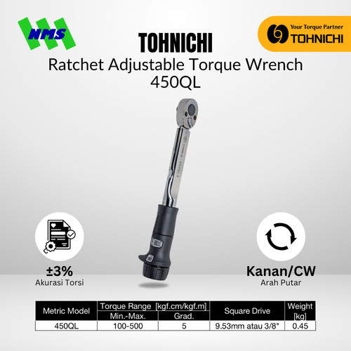 [EZM.1043779] Kunci Torsi 450QL 3/8" 10 - 50Nm TOHNICHI Torque Wrench