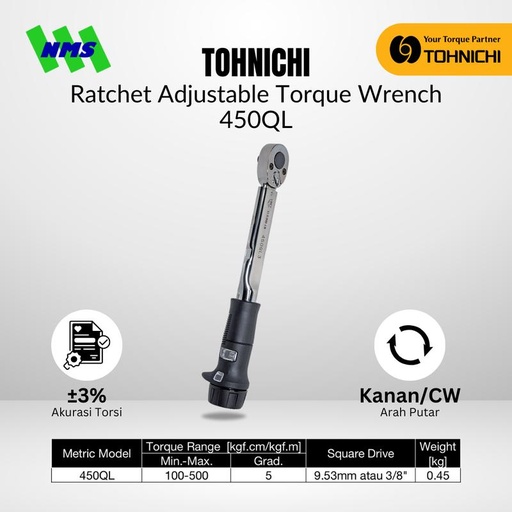 [EZM.1043779] Kunci Torsi 450QL 3/8" 10 - 50Nm TOHNICHI Torque Wrench