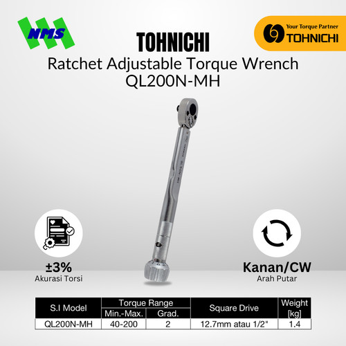 [EZM.1043786] Kunci Torsi QL200N-MH 1/2" 40 - 200 Nm TOHNICHI Torque Wrench