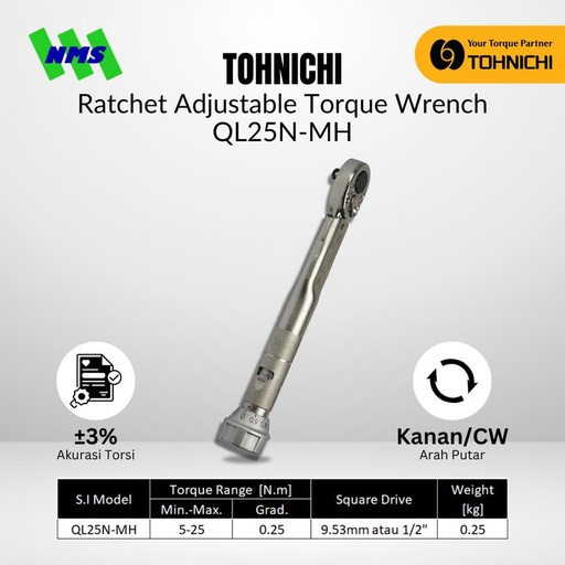 [EZM.1043789] Kunci Torsi QL25N-MH 3/8" 5 - 25 Nm TOHNICHI Torque Wrench