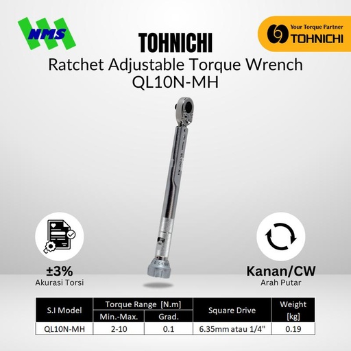 [EZM.1043791] Kunci Torsi QL10N-MH 1/4" 2 - 10 Nm TOHNICHI Torque Wrench