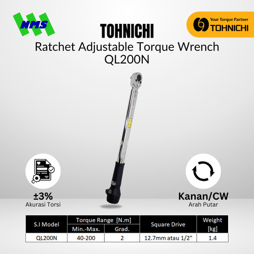 [EZM.1043801] Kunci Torsi QL200N 1/2" 40 - 200Nm TOHNICHI Torque Wrench