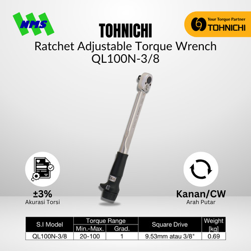 [EZM.1043804] Kunci Torsi QL100N4 3/8" 20 - 100 Nm TOHNICHI Torque Wrench