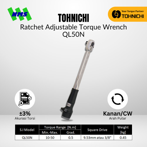 [EZM.1043805] Kunci Torsi QL50N 3/8" 10 - 50Nm TOHNICHI Torque Wrench